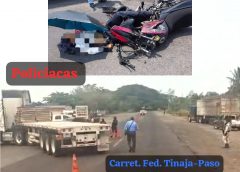 Mw3r3 motociclista tras impactarse contra plana de tráiler en carretera federal La Tinaja– Paso del Toro.
