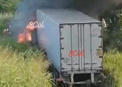 Tráiler termina envuelto en llamas tras salirse de la carretera federal en jurisdicción de Tierra Blanca, Veracruz.
