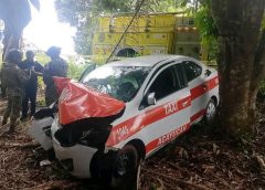 Mw3re taxista de Acayucan tras impactarse contra un árbol en la carretera a Soteapan